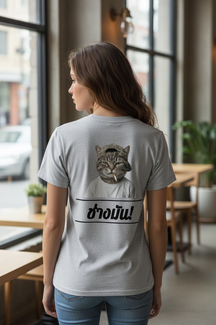Grey organic cotton T-Shirt by flyliving, with a back print of a cat in a cap smoking a cigarette and Thai text. Back view.