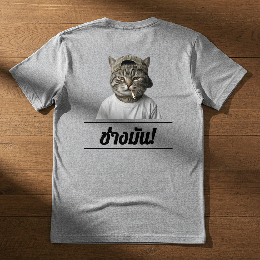 Grey organic cotton T-shirt by flyliving, displaying a back print of a grumpy cat in a cap, smoking, with bold Thai text.