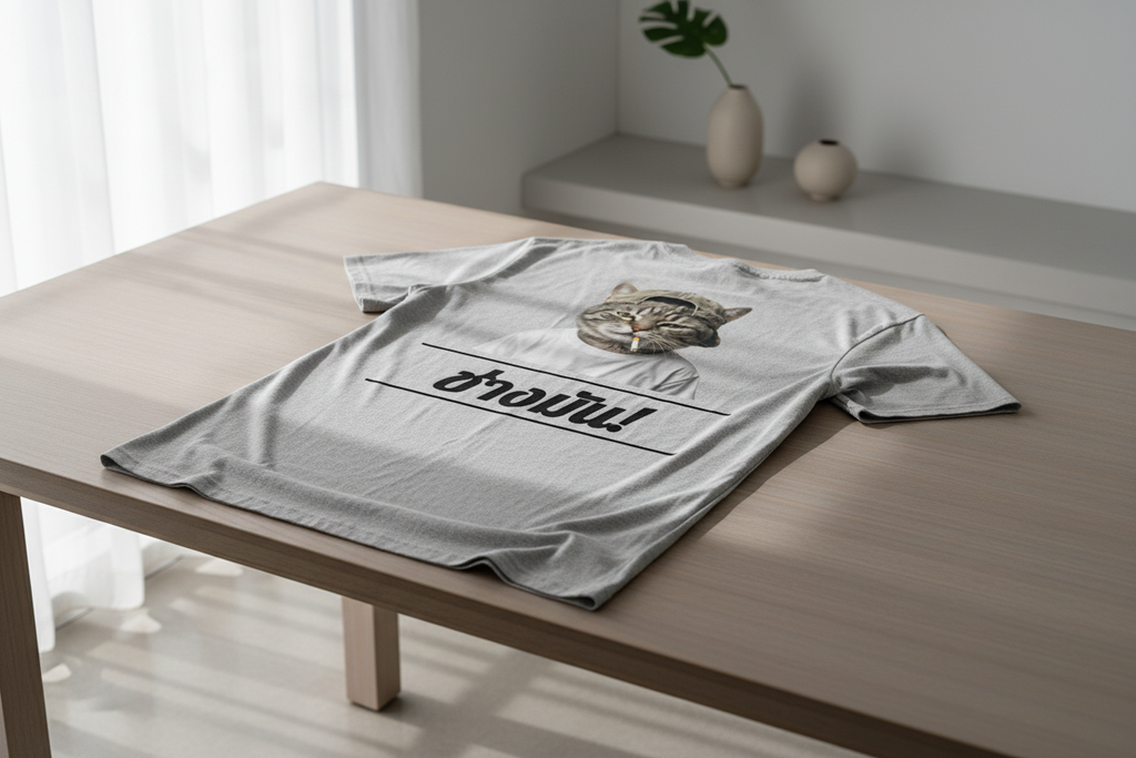 Grey organic cotton T-shirt by flyliving, featuring a smoking cat graphic and Thai text "สำอางมัน!" on the back, lying on a wooden table.