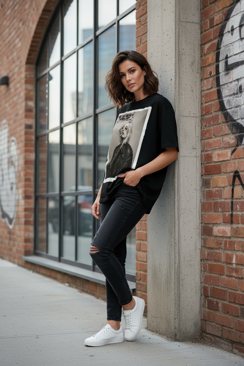 Black oversized T-shirt by flyliving featuring "Do you have a Problem?" graphic, styled with ripped black jeans and white sneakers.