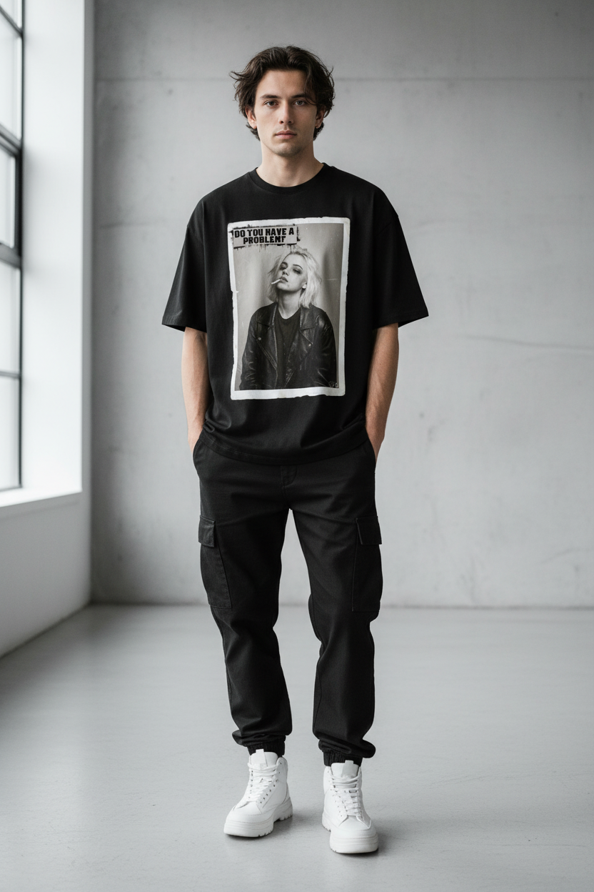 Black oversized t-shirt by flyliving featuring a graphic of a blonde woman with a cigarette and "DO YOU HAVE A PROBLEM?" text.