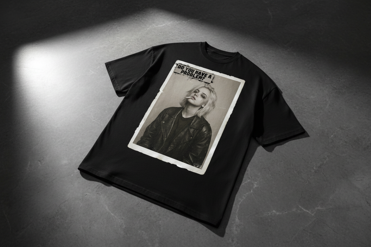 Black oversized shirt by flyliving featuring a distressed graphic print of a woman smoking with 'DO YOU HAVE A PROBLEM?' text, laid flat.