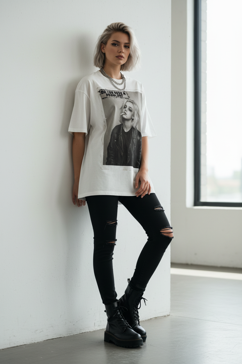 White oversized T-shirt by flyliving, featuring a graphic print of a smoking woman and 'DO YOU HAVE A PROBLEM?' text, worn with ripped black jeans.