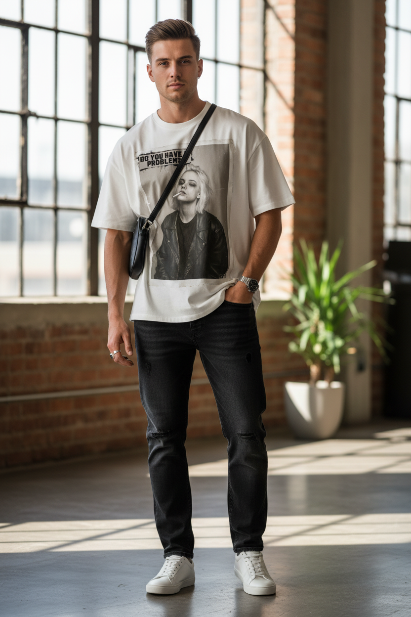 White oversized T-shirt by flyliving featuring 'Do you have a Problem?' text and a woman's portrait, styled with black jeans and white sneakers.