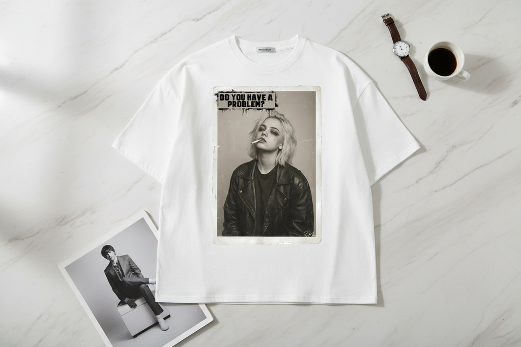 White oversized T-shirt by flyliving, laid flat, with a vintage-style black and white graphic print of a woman smoking and 'DO YOU HAVE A PROBLEM?' text.