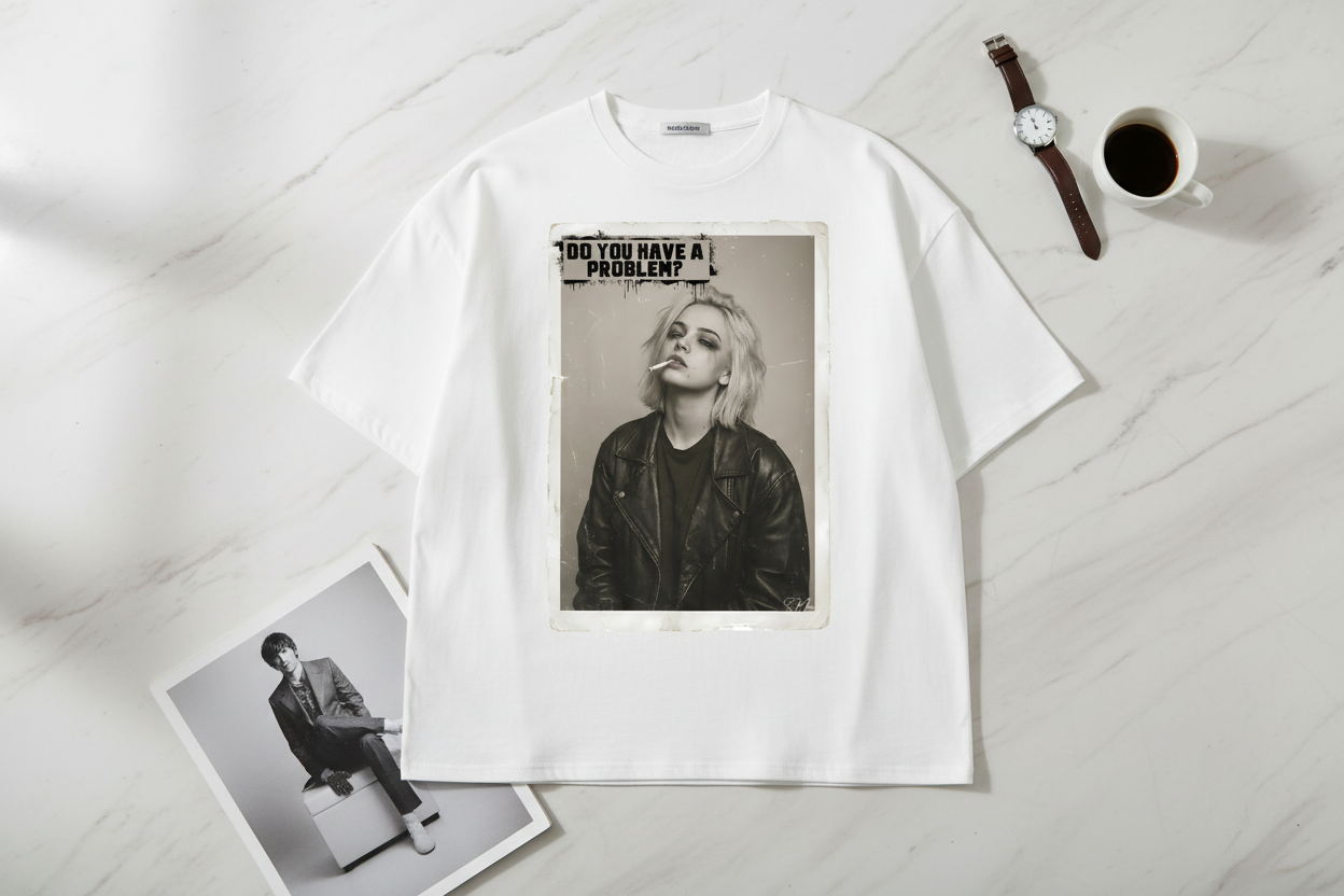 White oversized T-shirt by flyliving, laid flat, with a vintage-style black and white graphic print of a woman smoking and 'DO YOU HAVE A PROBLEM?' text.