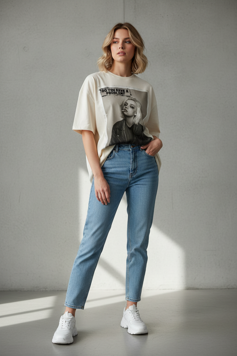 Cream oversized t-shirt by flyliving, featuring a black and white graphic of a smoking woman and 'DO YOU HAVE A PROBLEM?' text, styled with blue jeans.