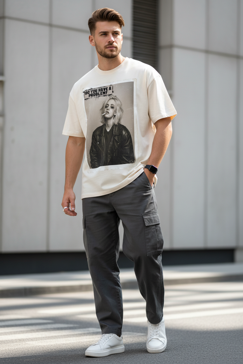 Oversized cream T-shirt by flyliving with a 'Do you have a Problem?' graphic print, worn by a man with dark cargo pants.