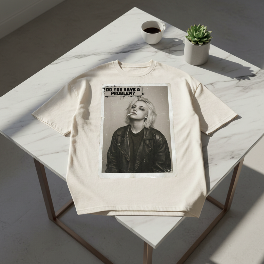 Cream oversized T-shirt by flyliving featuring a vintage graphic of a woman smoking with "DO YOU HAVE A PROBLEM?" text, laid on a marble table.