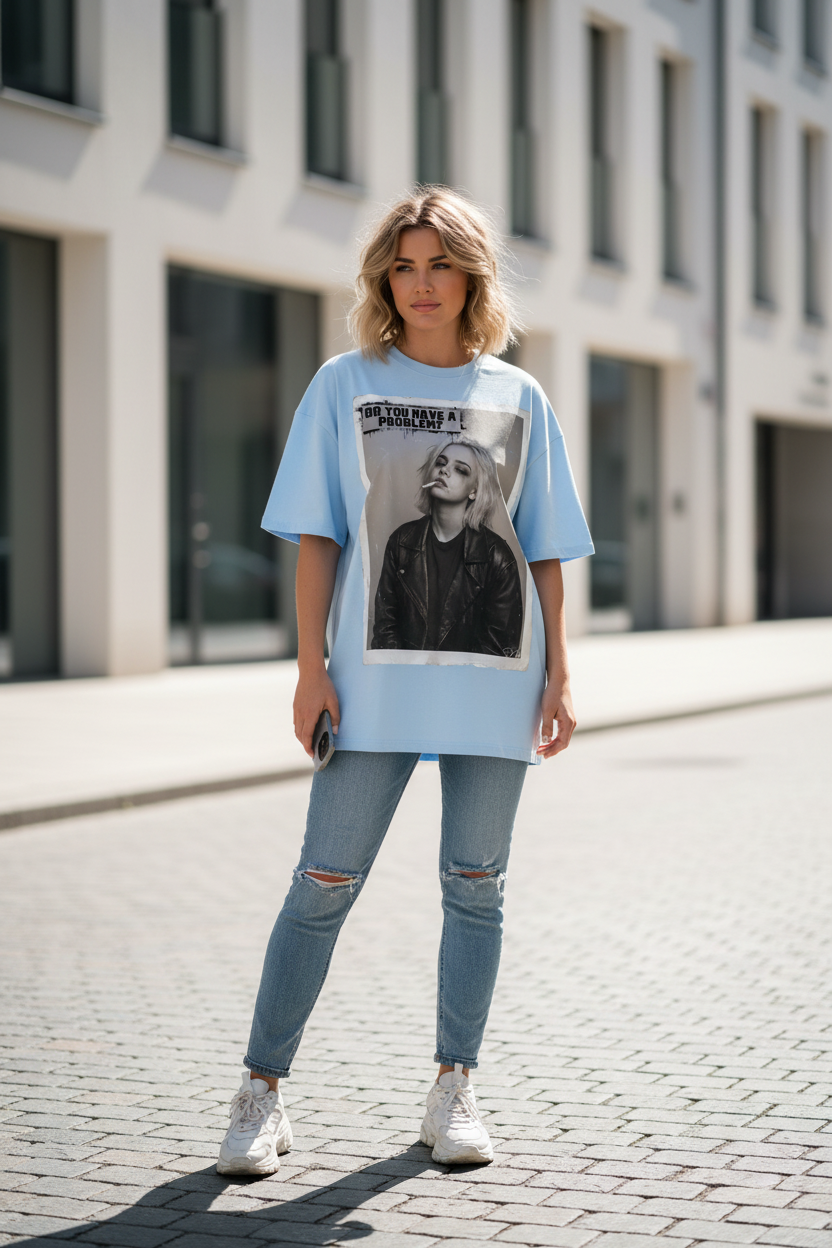 Light blue oversized T-shirt by flyliving, featuring 'Do you have a Problem?' text above a woman smoking portrait, styled with ripped jeans and white sneakers.