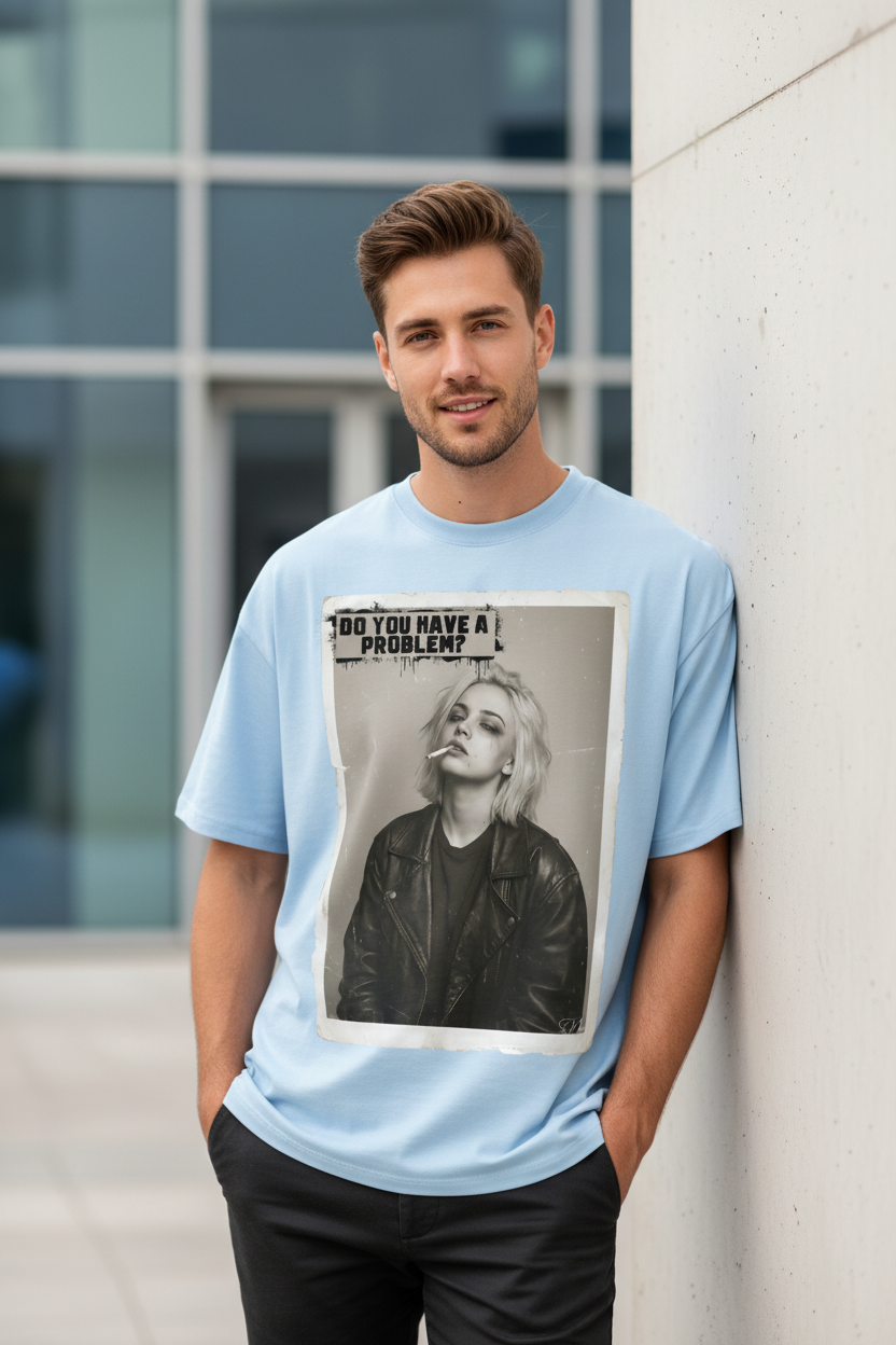 Light blue oversized T-shirt by flyliving featuring a graphic print of a woman smoking with "DO YOU HAVE A PROBLEM?", worn by a male model.