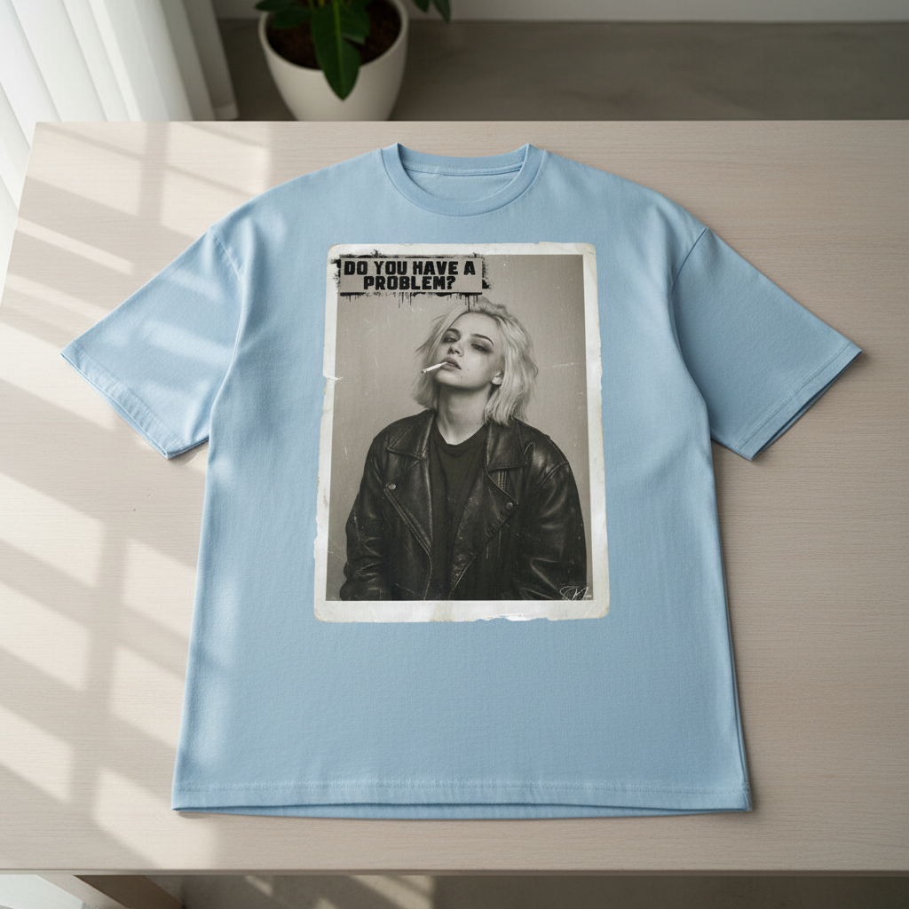 Light blue oversized T-shirt by flyliving, featuring a black and white graphic of a woman smoking with text "DO YOU HAVE A PROBLEM?".