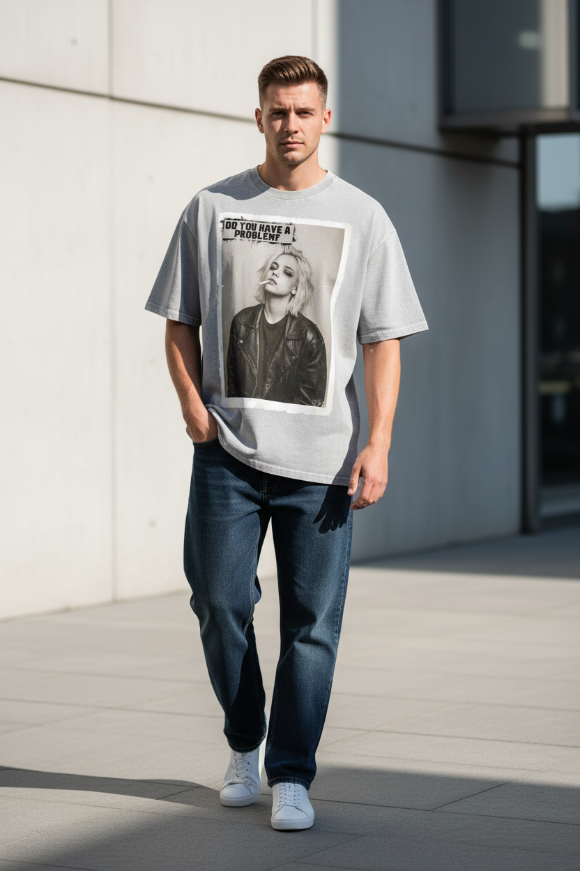Grey oversized t-shirt by flyliving with a woman smoking graphic and "DO YOU HAVE A PROBLEM?" text, worn by a man in a lifestyle shot.