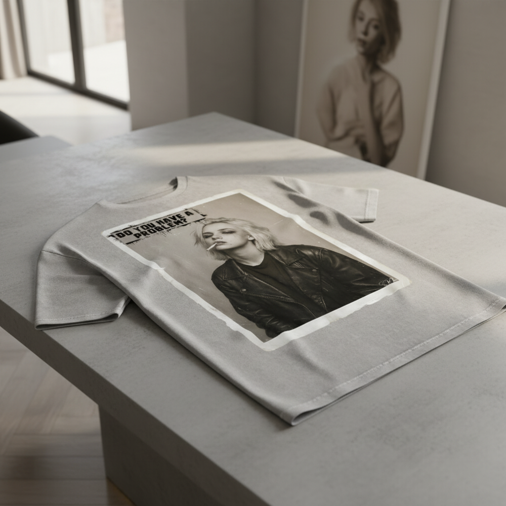 Light grey oversized T-shirt by flyliving featuring a monochrome graphic of a blonde woman smoking and "DO YOU HAVE A PROBLEM?", lying flat.