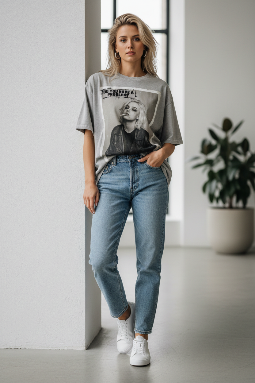 Grey oversized T-shirt by flyliving featuring a black and white smoking woman print and "DO YOU HAVE A PROBLEM?" text, styled with light blue jeans and white sneakers.