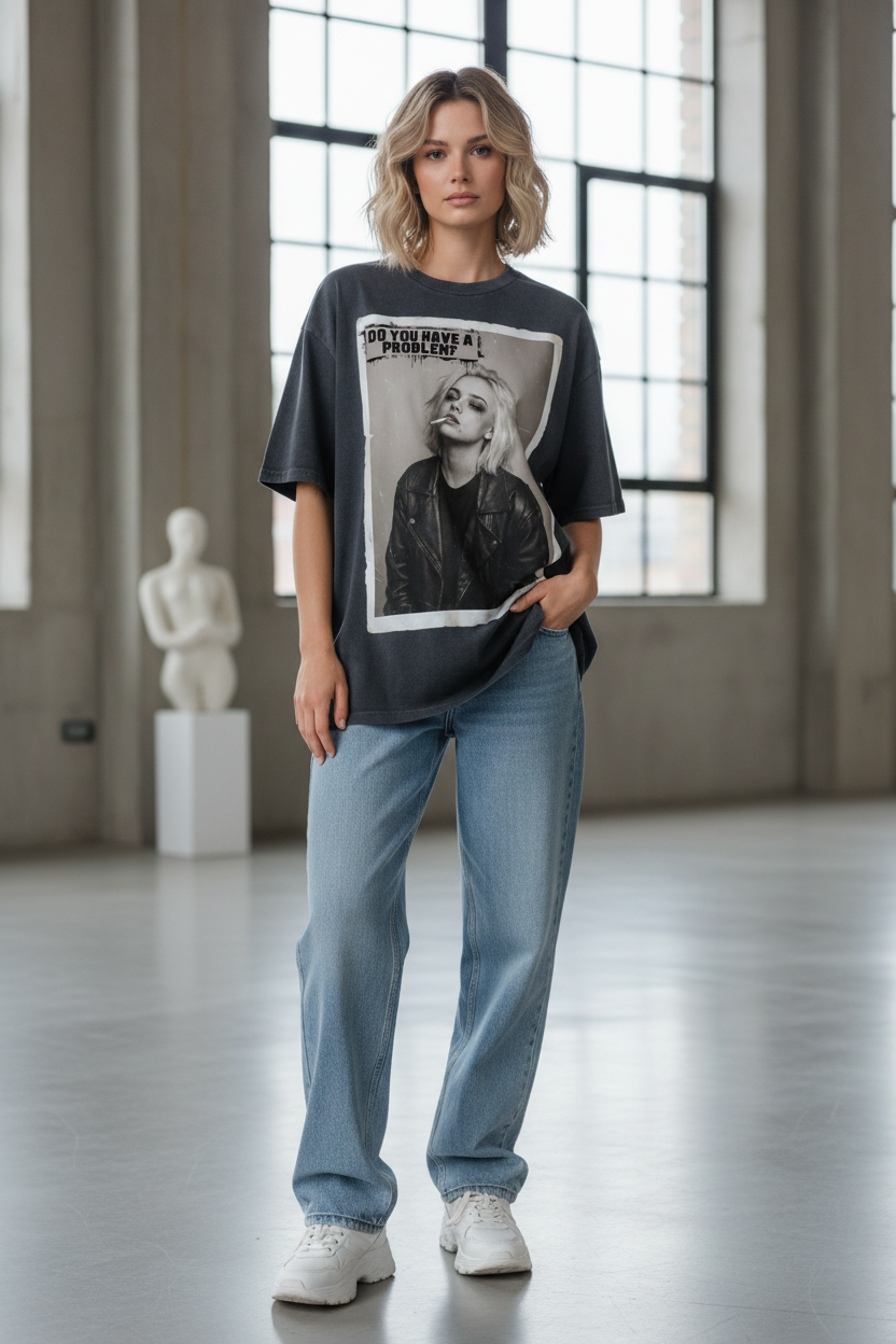 Oversized charcoal T-shirt from flyliving with "Do you have a Problem?" graphic featuring a woman in a leather jacket, paired with light wash jeans.