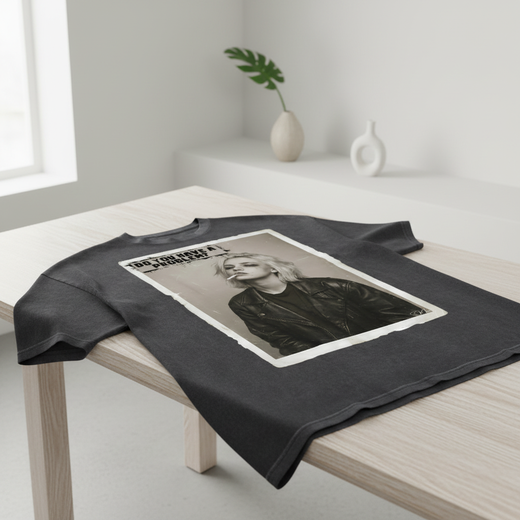 Dark gray oversized T-shirt by flyliving, featuring a sepia photo print of a blonde woman smoking and "DO YOU HAVE A PROBLEM?" text.