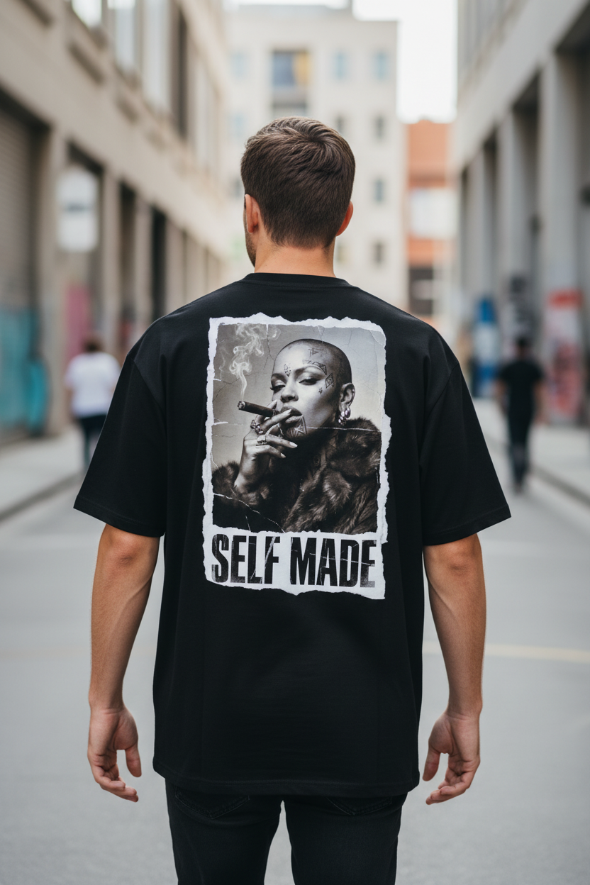 Oversized black T-shirt by flyliving featuring a Boss Lady print of a bald, tattooed woman smoking a cigar and 'SELF MADE' text.