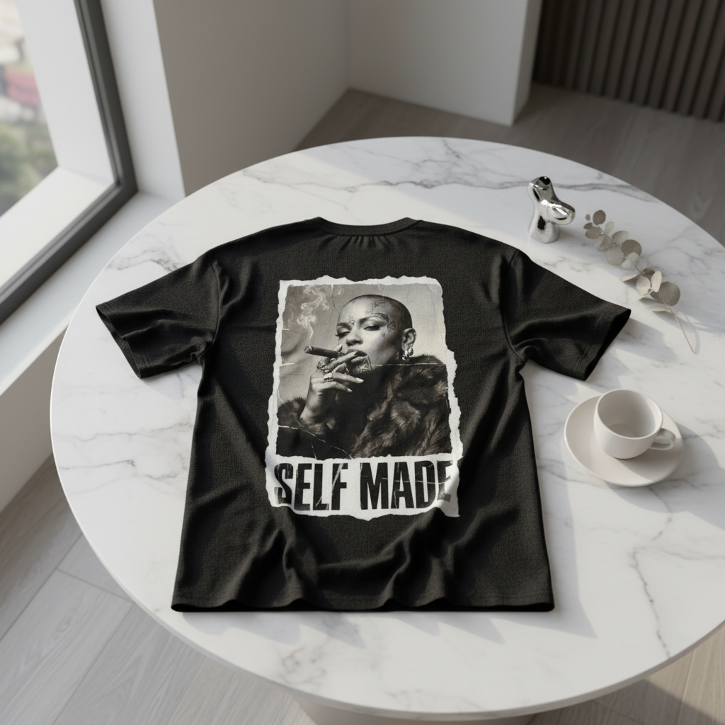 Black oversized T-shirt by flyliving featuring a vintage 'Boss Lady' print with 'SELF MADE' text, displayed flat on a marble surface.