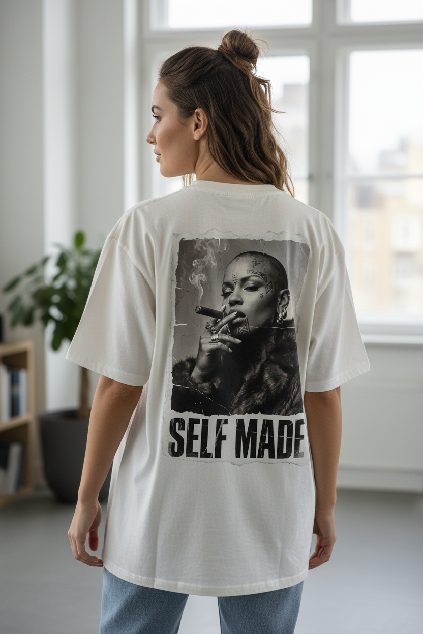 Oversized white t-shirt by flyliving with a distressed 'SELF MADE' back print of a tattooed woman smoking a cigar.