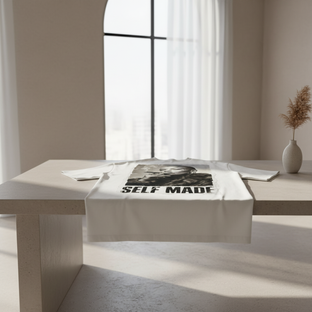 White oversized T-shirt by flyliving, featuring a black and white 'self made' text and 'Boss Lady' woman graphic print, laid flat on a table.