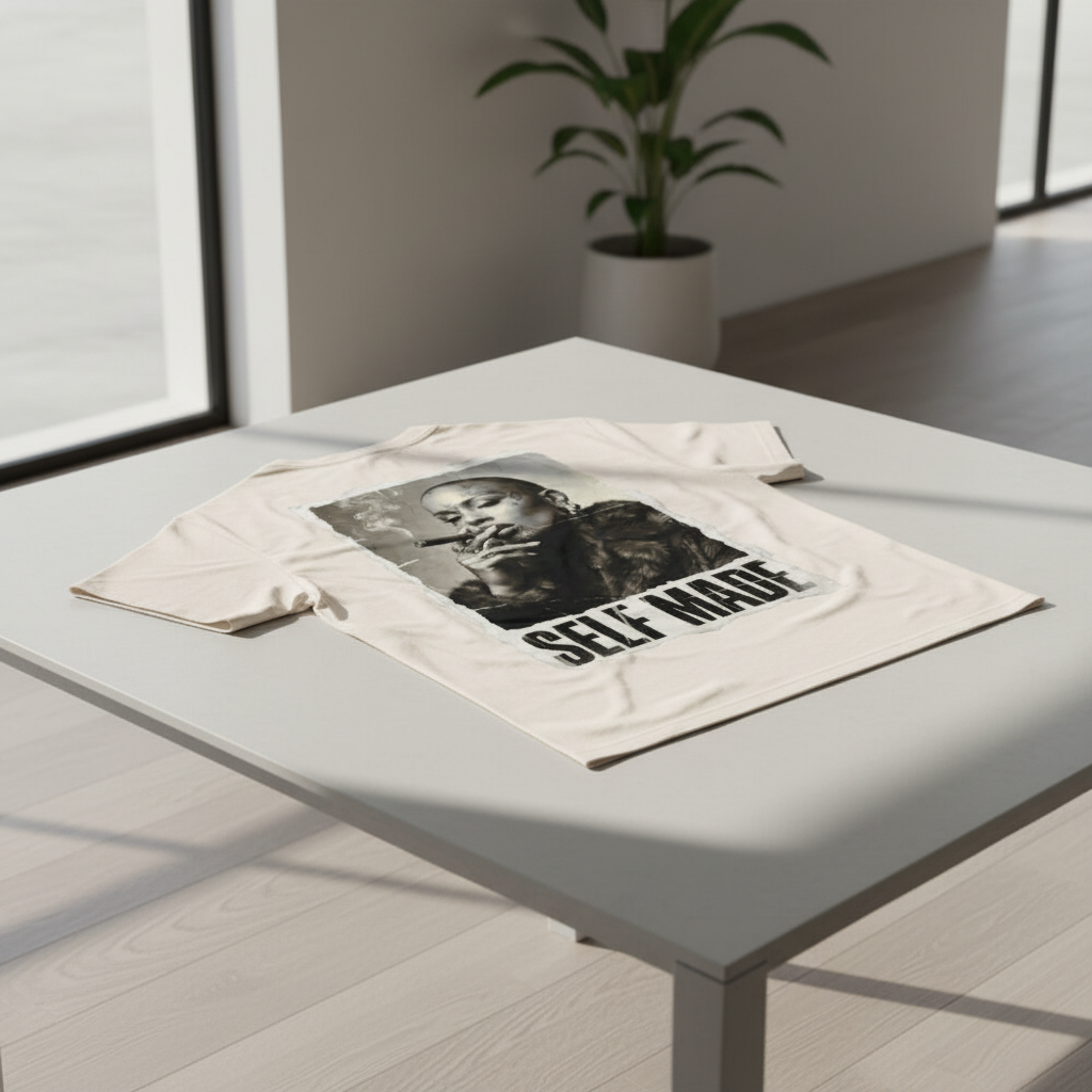 Oversized light beige t-shirt by flyliving, featuring a black and white print of a woman smoking a cigar and "SELF MADE" text, laid flat.