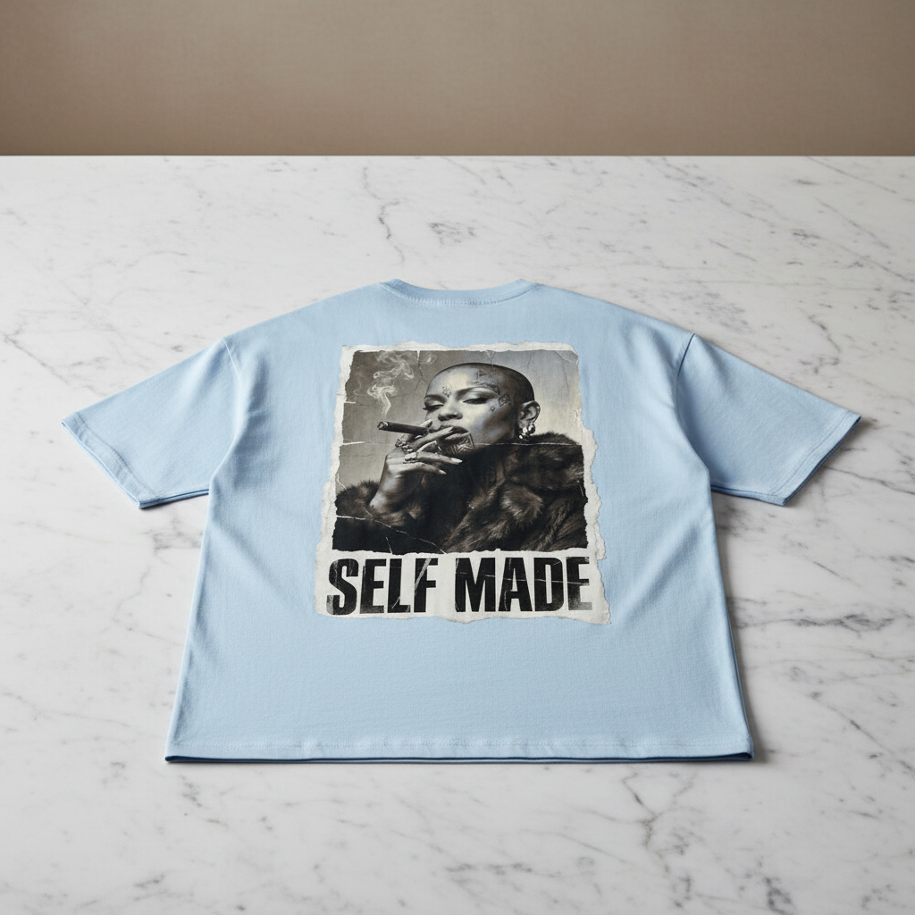 Light blue oversized t-shirt by flyliving, featuring a black and white 'Self Made' print on the back.