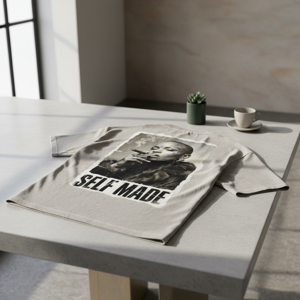 Light beige oversized t-shirt by flyliving featuring a Boss Lady print with 'SELF MADE' text, laid flat on a gray table.