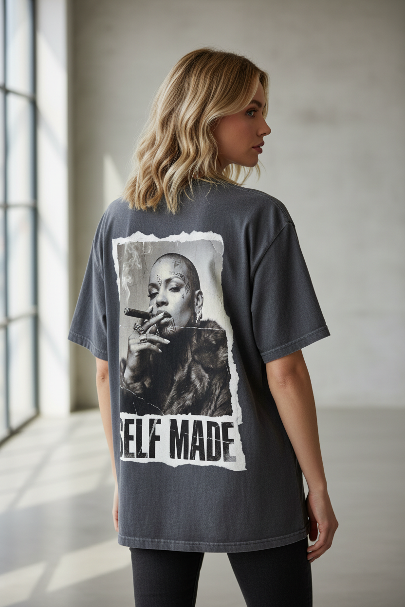 Charcoal oversized T-shirt by flyliving, featuring a 'Boss Lady' print and 'SELF MADE' text on the back.