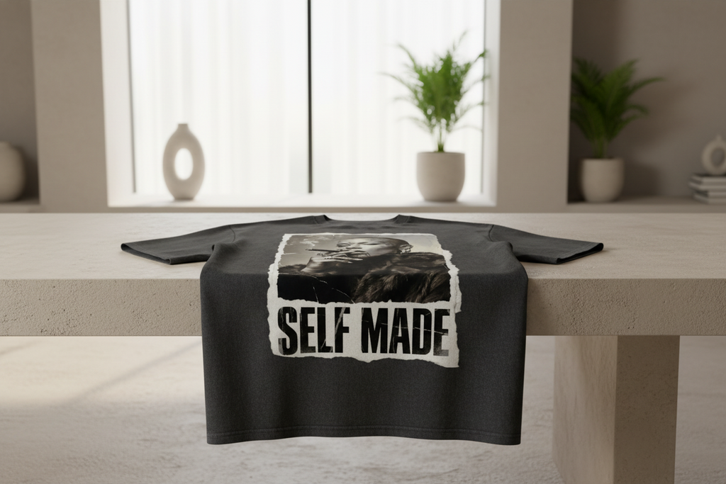 Dark grey oversized T-shirt by flyliving, laid flat, with a black and white torn-effect 'Self Made' Boss Lady print.