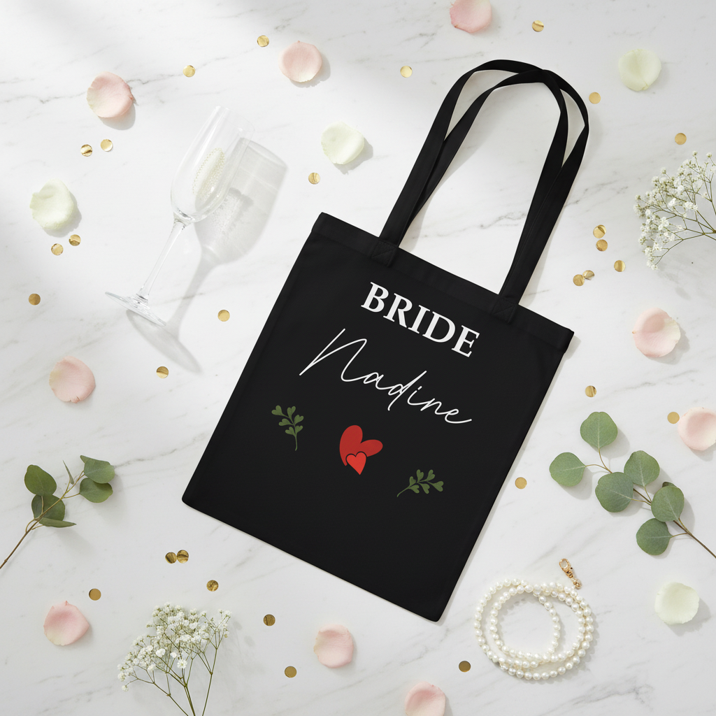 Personalisierter schwarzer canvas Jutebeutel mit bride nadine in weiß und roten Herz- sowie grünen Blattmotiven für Junggesellenabschied