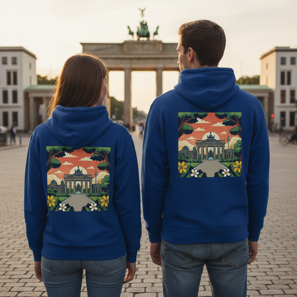 Blaue kapuzenpullover rückseite mit farbigem brandenburger tor grafik und blumen nachhaltiger zipper