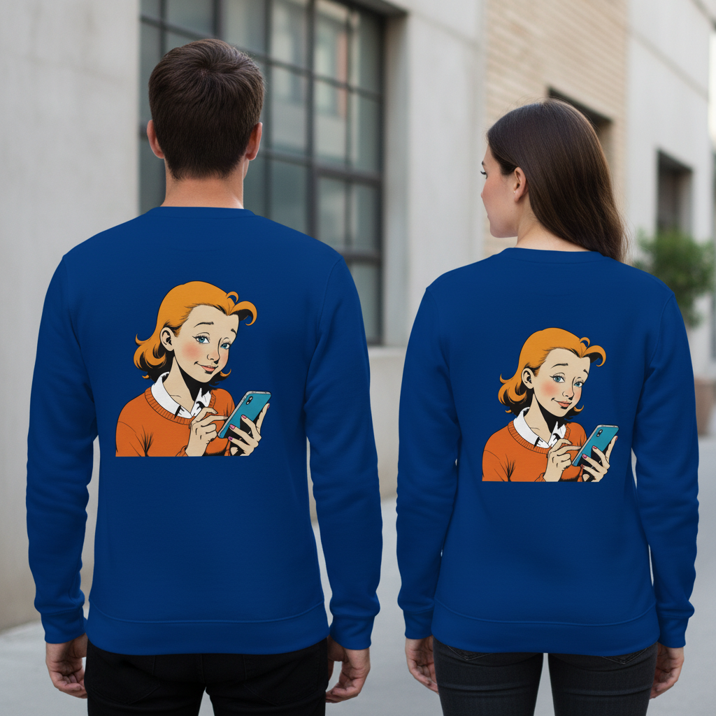 Blaue vintage comic pullover rückseite mit cartoon frau in orangem pullover und handy humorvoller sarcasm style