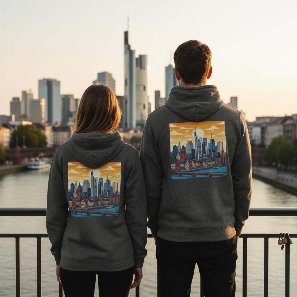 Grauer städte-hoodie aus nachhaltigem material mit buntem illustrierter stadtansicht auf der rückseite und reißverschluss