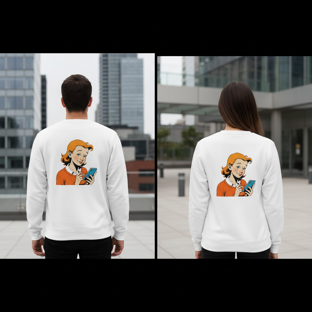 Weißer crewneck sweatshirt mit retro-cartoon frau in orange pullover und blauem smartphone vintage comic pullover