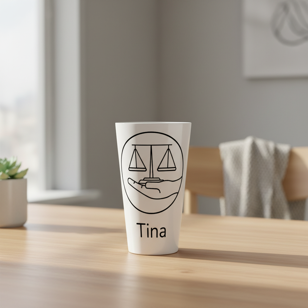 Personalisierte sternzeichen-tasse aus weißem keramik mit schwarzem line-art wägwaage-design und namen tina, 500 ml