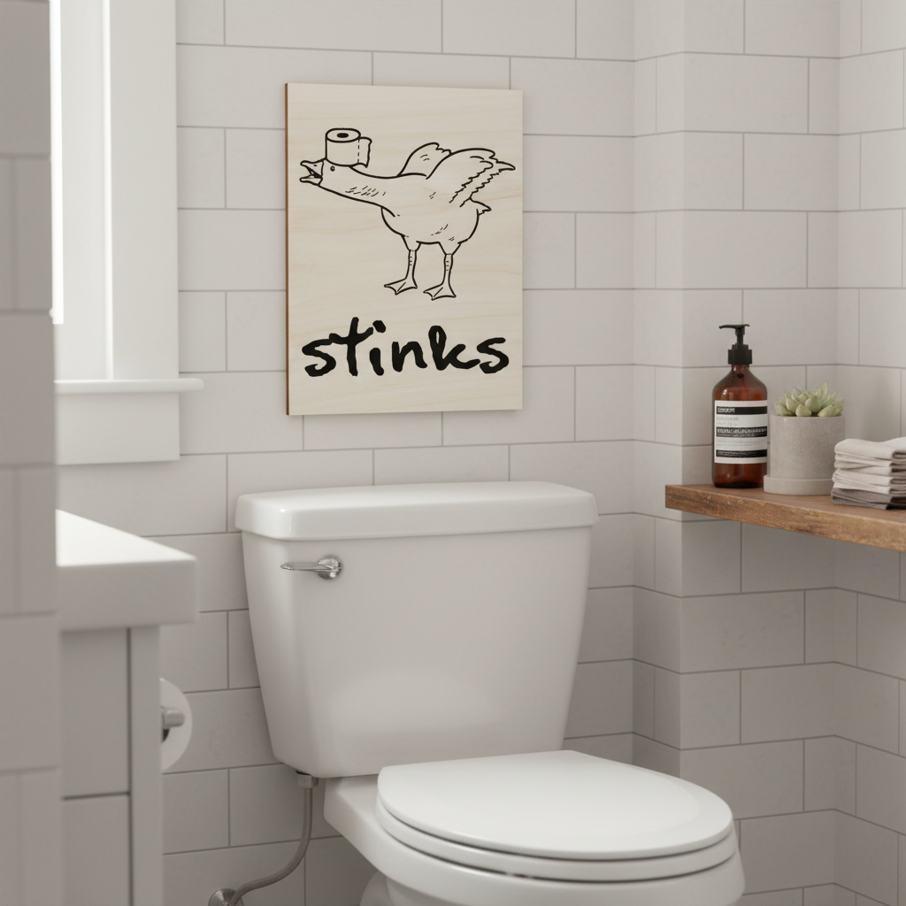 Lustiges Badezimmer Holzbild mit Spruch - Hochwertiger Holzdruck für Gäste WC - Rustikale Wanddeko aus Birkenholz - Geschenkidee für Freunde
