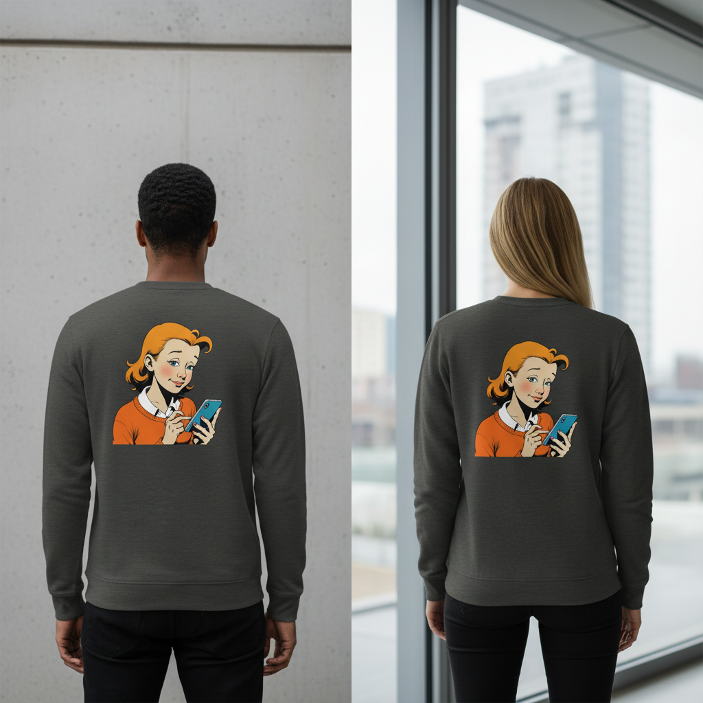 Dunkelgrauer vintage comic pullover mit cartoon frau orange haare orange pullover und blauem handy für alltag und style