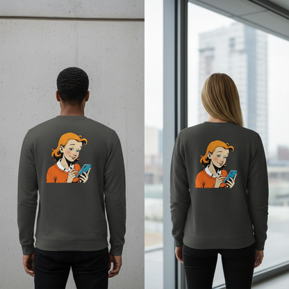 Dunkelgrauer vintage comic pullover mit cartoon frau orange haare orange pullover und blauem handy für alltag und style
