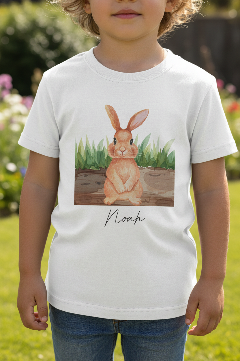 Weißes baumwoll-kinder-t-shirt mit aquarell-illustration eines orangebraunen hasen und namensdruck für schule und geburtstag