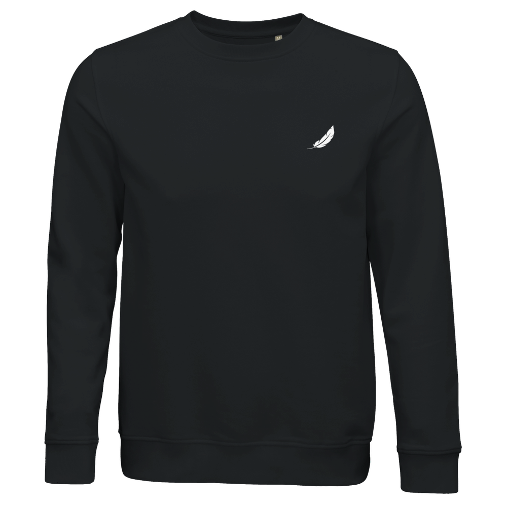 Vintage comic pullover schwarzer crewneck sweatshirt mit kleinem weißem feder logo für alltag und style