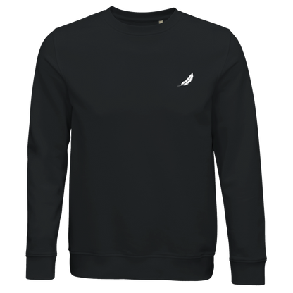 Vintage comic pullover schwarzer crewneck sweatshirt mit kleinem weißem feder logo für alltag und style