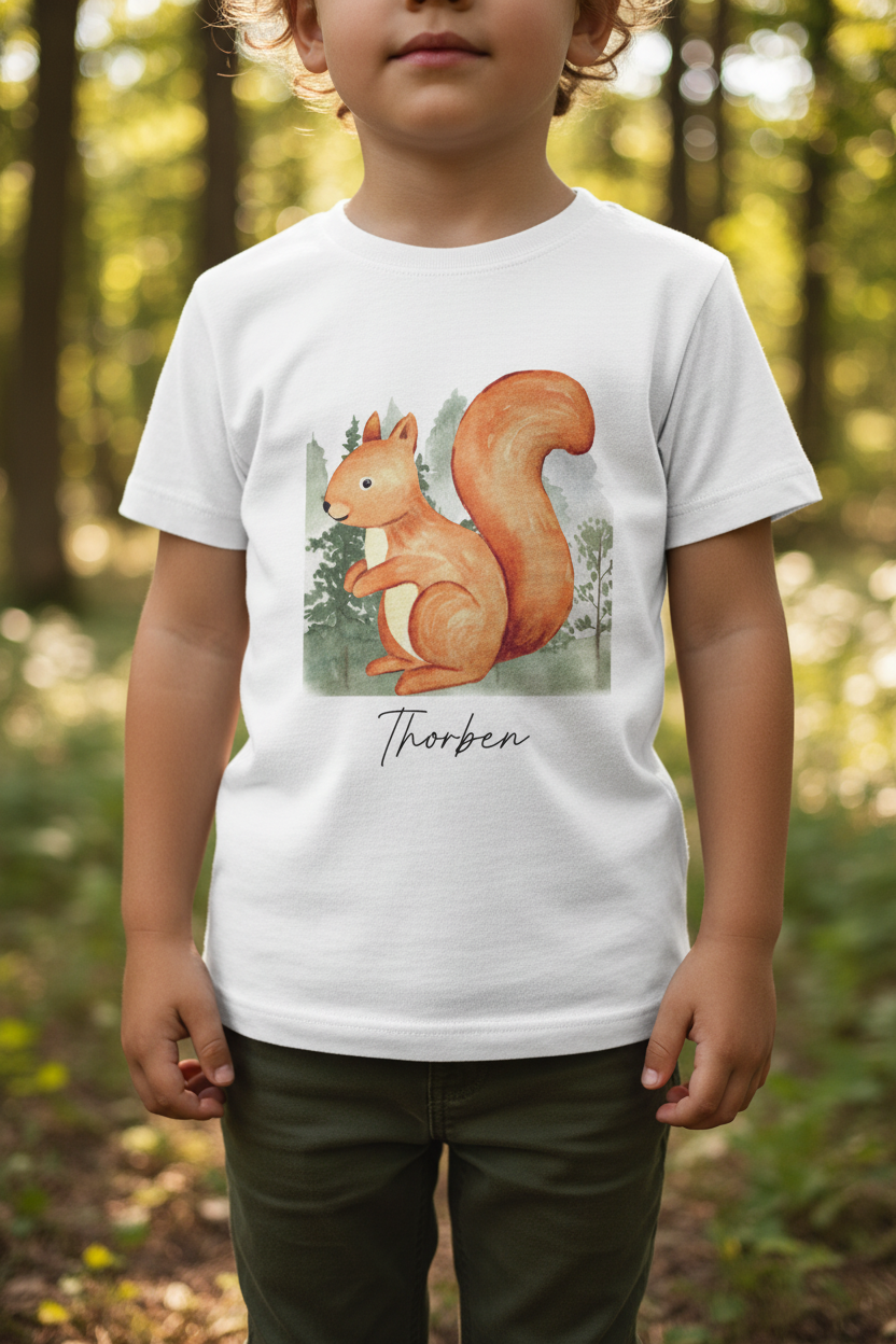 Weißes kinderbaumwoll-t-shirt mit aquarell-eichhörnchen und grünem waldmotiv personalisiert mit namen für geburtstag