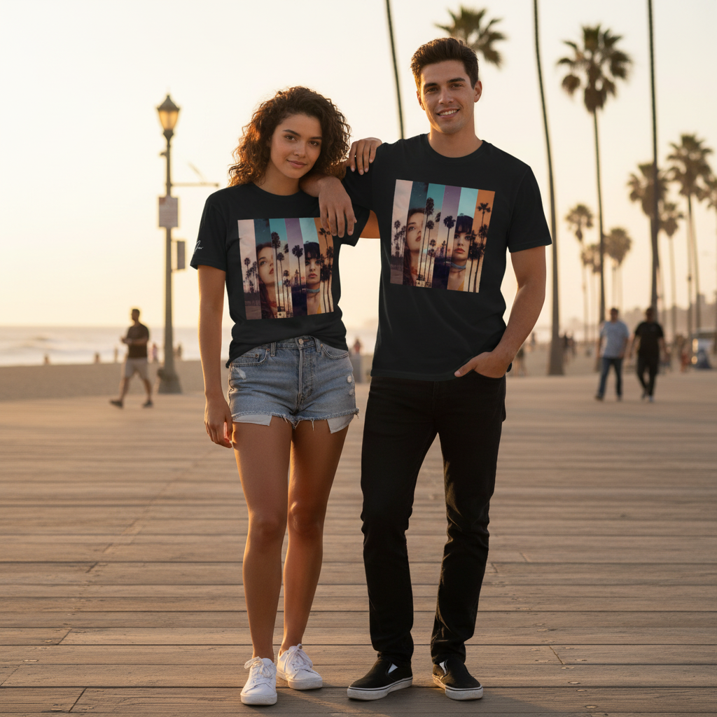 Schwarzes kurzarm heavyweight t-shirt mit buntem vertikal gestreiftem grafikdruck mit gesichtern und palmen la sentimental