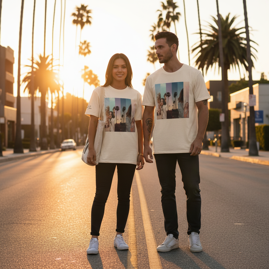 Weißer la sentimental heavyweight t-shirt mit rechteckigem mehrfarbigem palmen- und straßenszenen-print auf der brust
