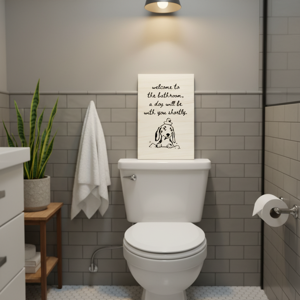 Lustiges Badezimmer Holzbild mit Spruch - Hochwertiger Holzdruck für Gäste WC - Rustikale Wanddeko aus Birkenholz - Geschenkidee für Freunde