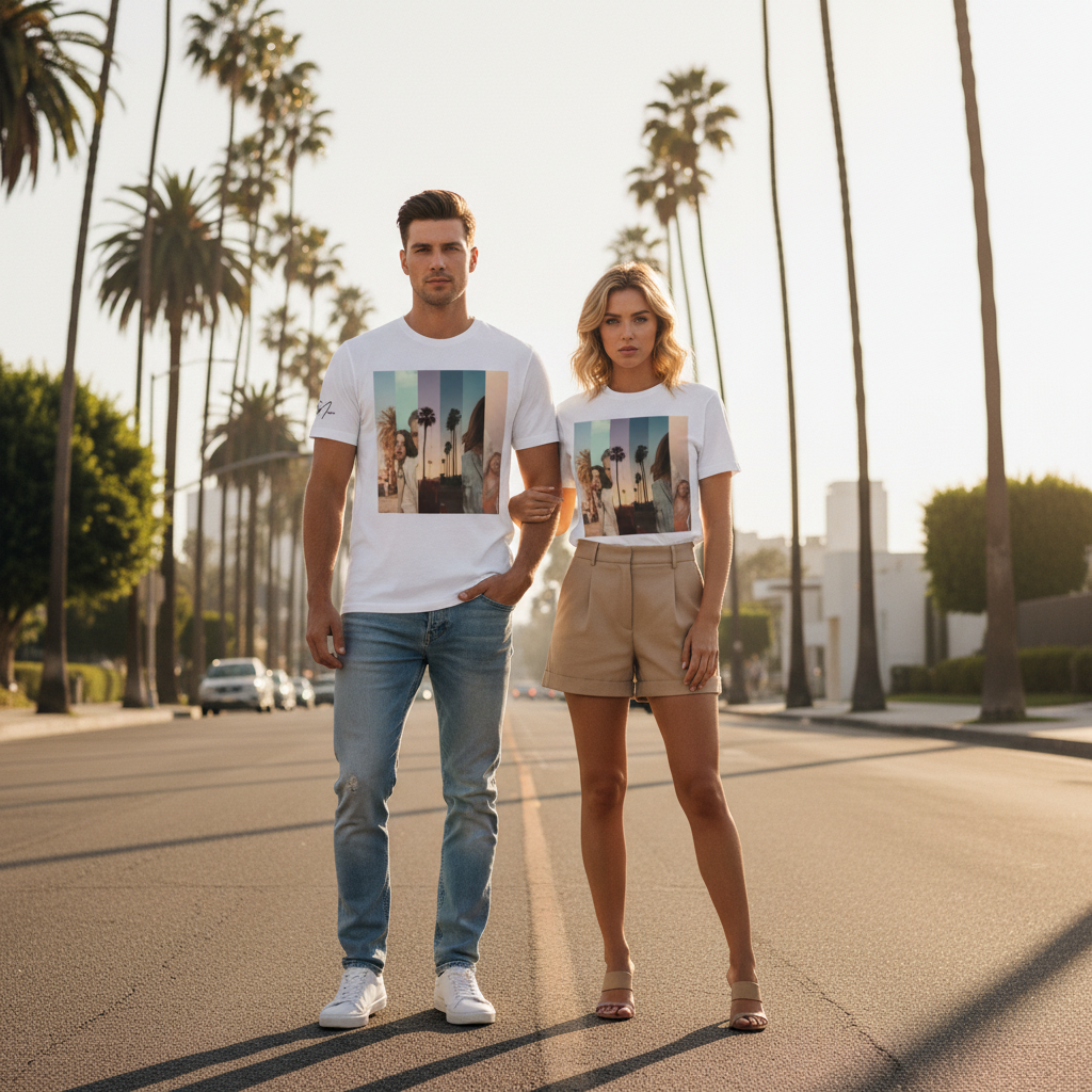 Weiße la sentimental heavyweight t-shirt premium streetwear basic mit buntem palmbaum grafikdruck