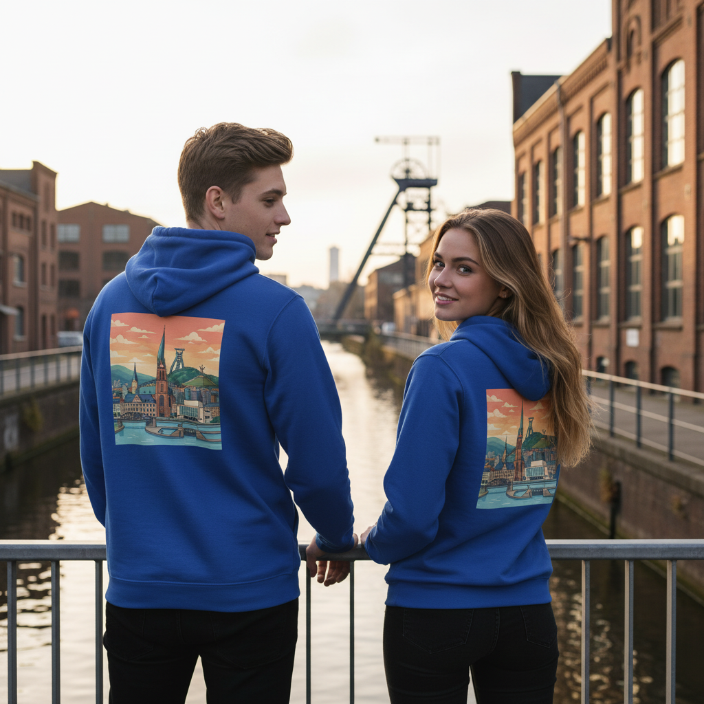 Blaue hooded sweatshirt mit buntem städte-humor backprint auf der rückseite nachhaltiger reißverschluss
