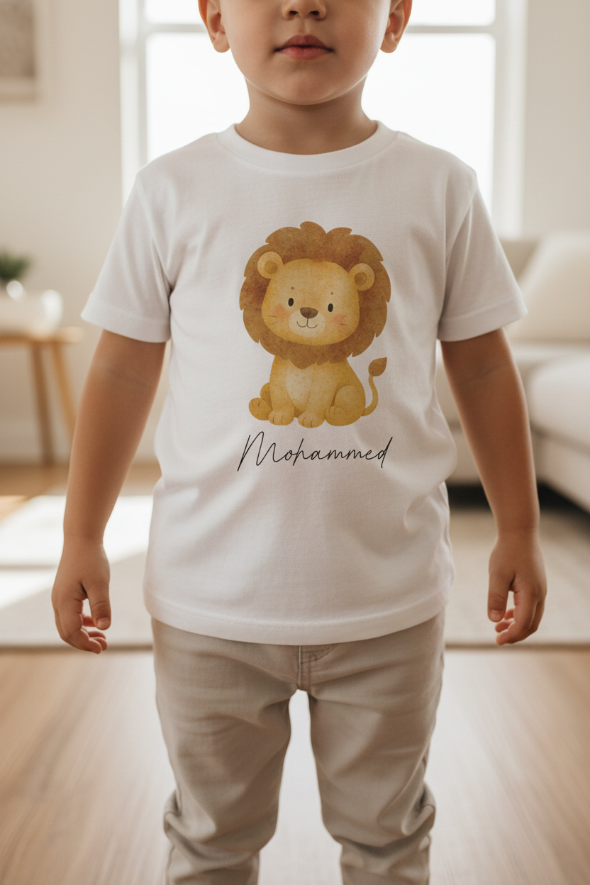 Weiße baumwoll-kinder t-shirt mit süßem aquarell goldenen löwen und dem namen mohammed personalisiert für kindergeburtstag