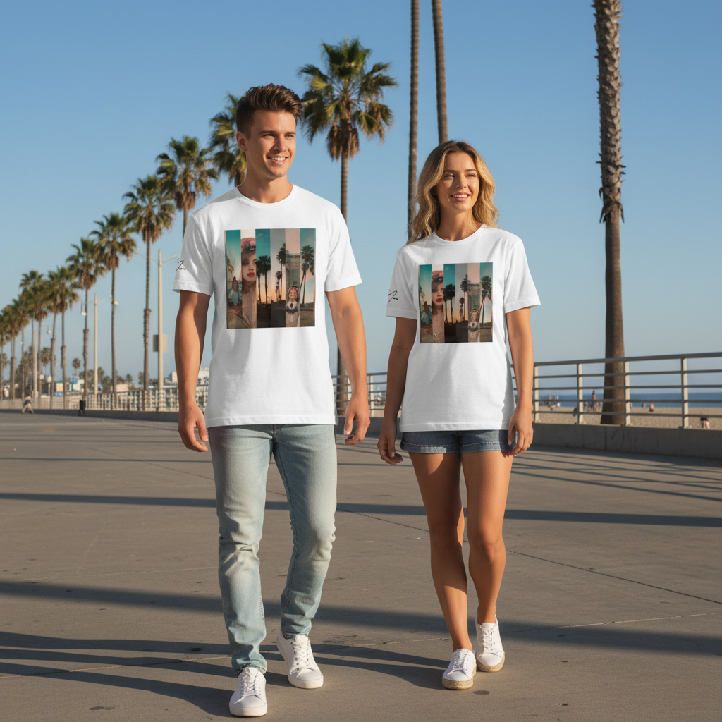 Weiße baumwoll t-shirts mit farbigem vintage grafikdruck von frau und palmen la sentimental heavyweight streetwear basic